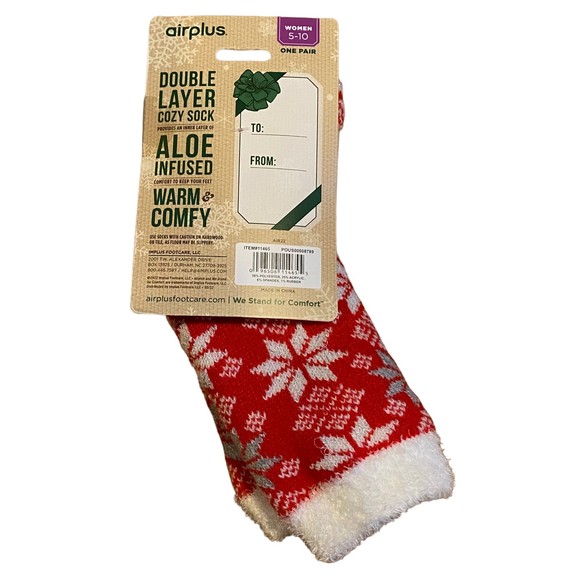 Airplus Red Snowflake Double Layer Aloe Infused Cozy Women Size 5-10 Socks NWT - Picture 2 of 4